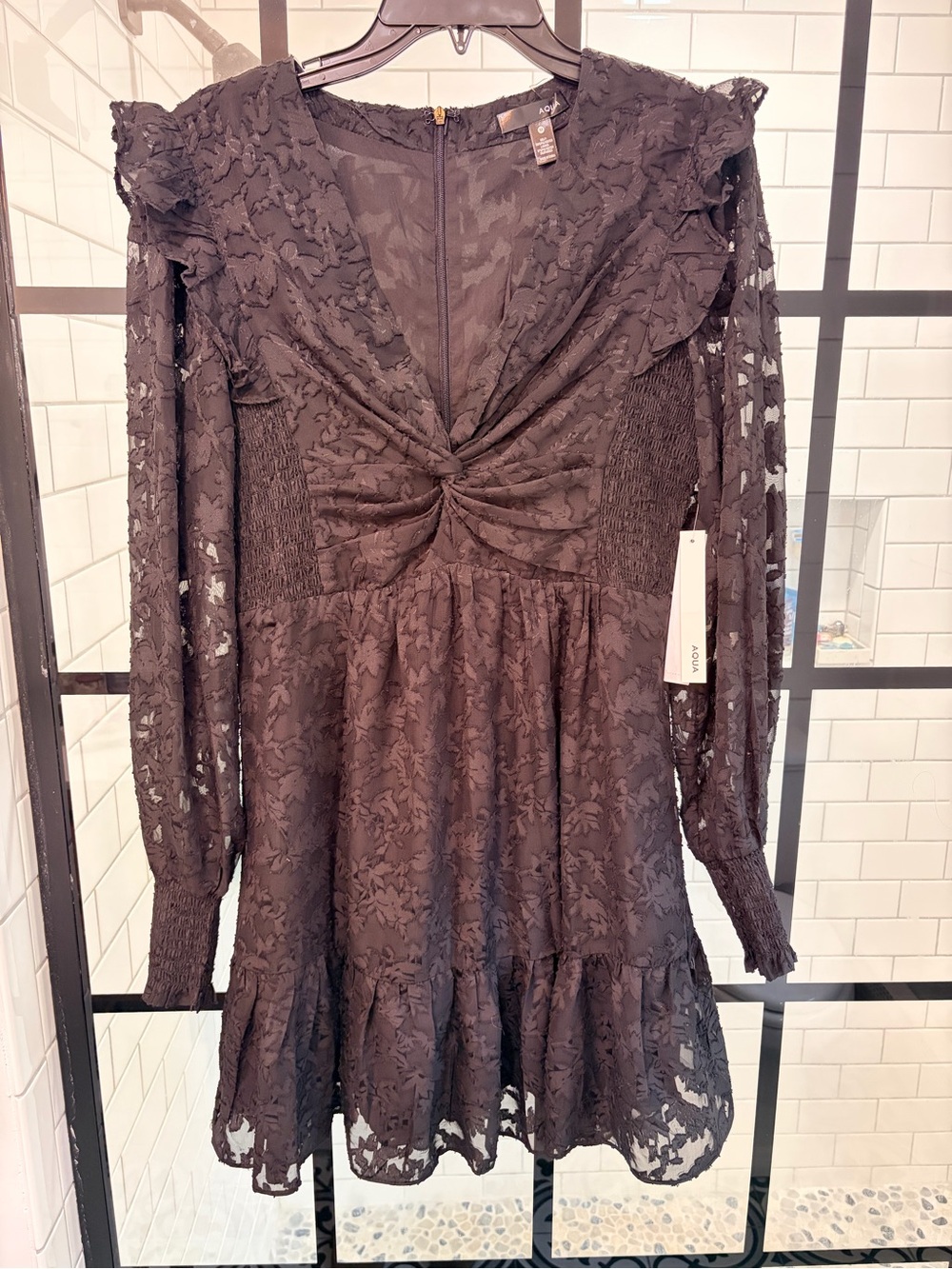 Aqua Black Lace Long-Sleeve Twist-Front Mini Dress